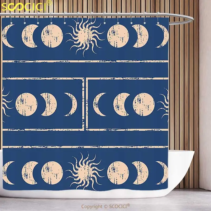 Fun Shower Curtain Sacred Geometrty Decor Grungy Ethnic Design of Planetary with Sun Moon Phases of Mystery Blue Cream Bathroom