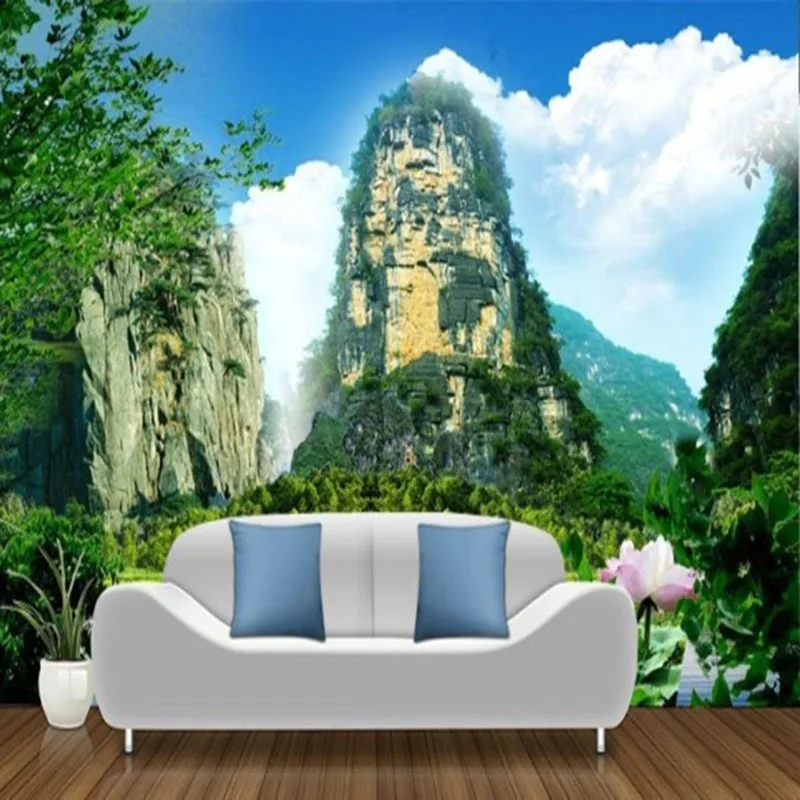 

Customized mural large 3D Traditional Chinese painting with water mountain behind TV sofa as background wallpaper in living room