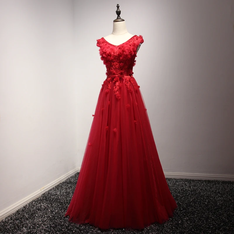 Stock dress для выпускной v шеи аппликация line лук ленты створки Длинные Платья