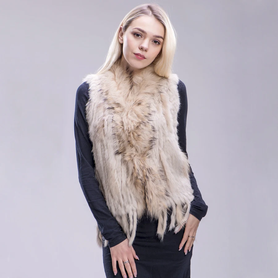 beige ZDFURS* Новая цветная Женская жилетка из натурального кроличьего меха с кисточками и воротником из меха енота,, Прямая поставка - Цвет: beige