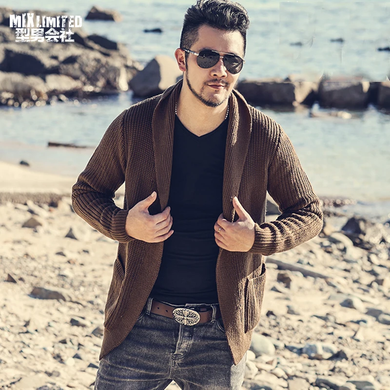 Men's Autumn and Winter New European Style Pure Woolen Knitted Cardigan Men Casual Slim Warm Black Long Sleeve Knitwear J775 | Мужская