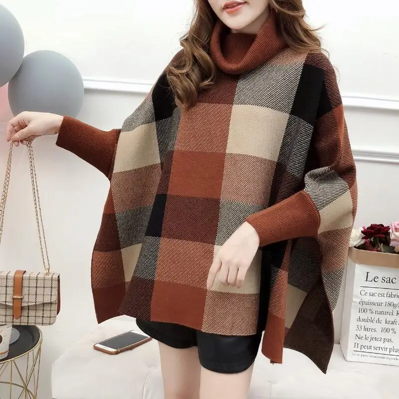 Новая свободная клетчатая шаль пончо летучая мышь свитер |