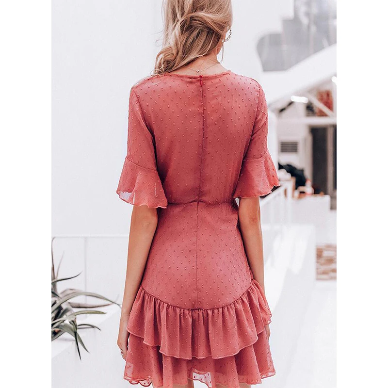 Женское платье с v образным вырезом шифоновое короткое рюшами элегантное