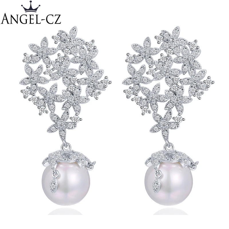 

ANGELCZ Delicate Cluster Flower Cubic Zirconia Large Wedding Pearl Drop Earrings Jewelry With Silvery Ear Pin AE097