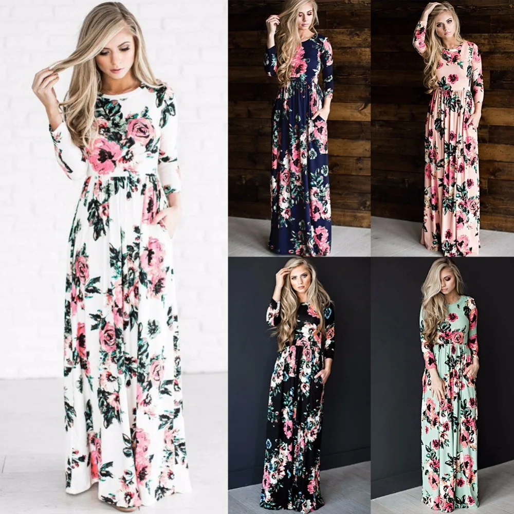 

OKOUFEN women party beach holiday long dress Floral print vestidos Vintage full sleeve Spring Autumn high waist fashion O-neck