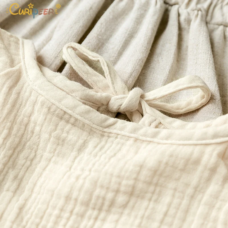 Curipeer 2019 Spring Kids Girl Dresses Linen Loose Beige Princess Dress Long Lantern Sleeve Korean Country Style Ruffles | Детская