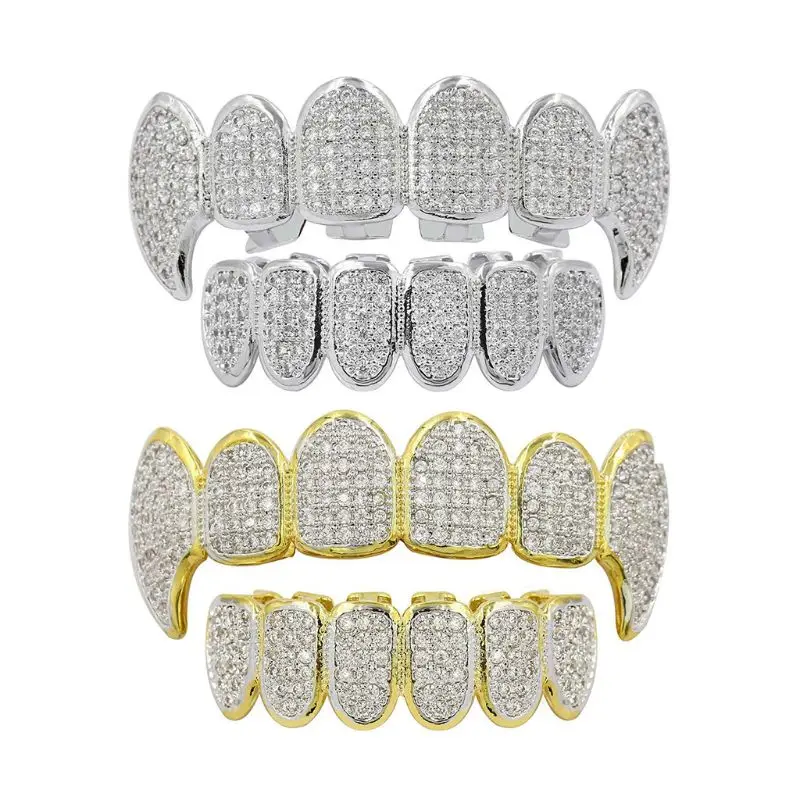 Золотой Серебряный Роскошный горный хрусталь вампир Grillz набор с дополнительными силиконовыми стержнями в комплекте