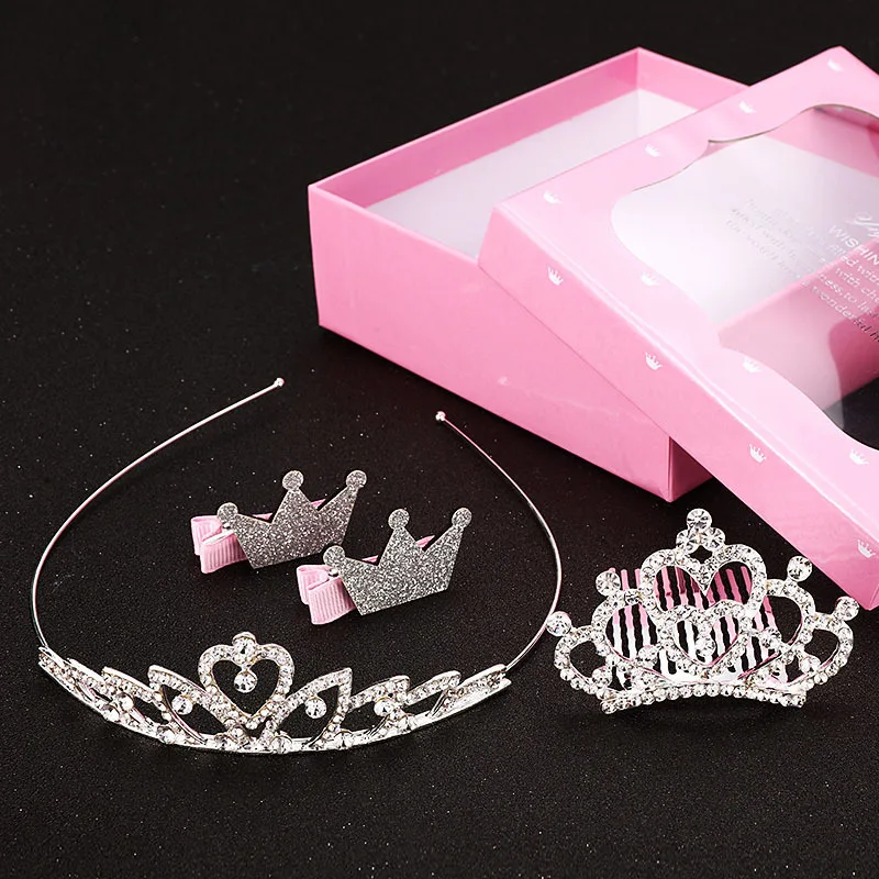 

4pcs/set Girl Hair Accessories Hair Decor Cute Hair Bands with Crystal Crown Princess Birthday Party Hairpin Gift Box Packing