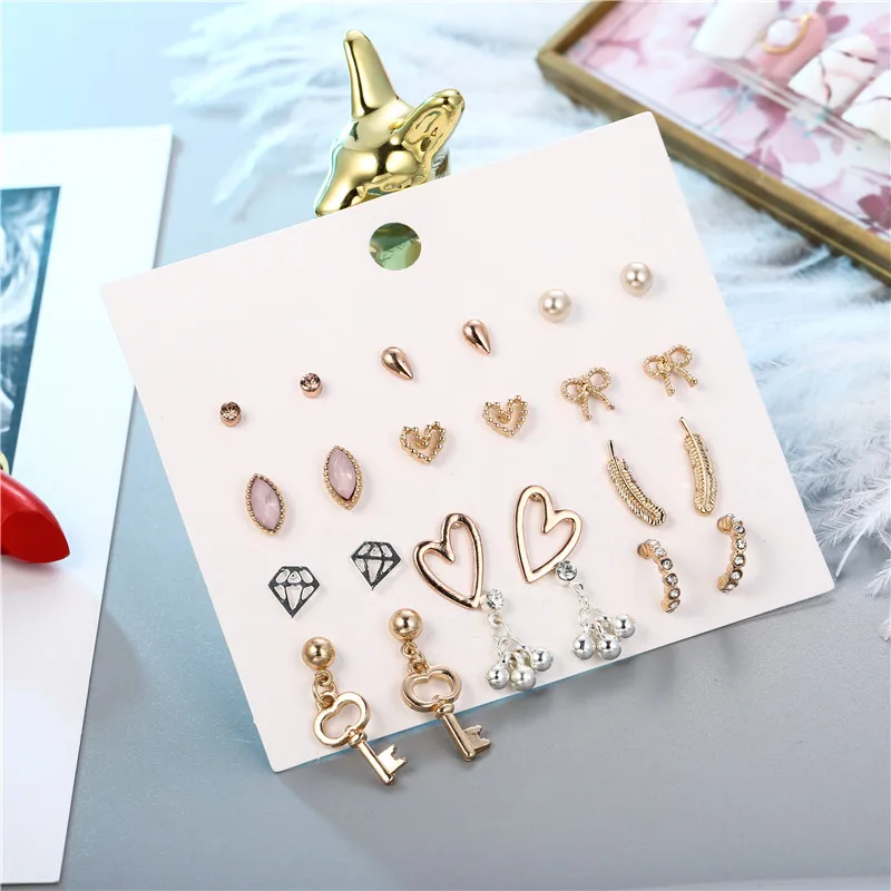

12Pairs/set Classic Women's Gold Mix Key Heart Bow Feather Earrings Sets For Women Girl Gifts Crystal Stud Earring Sets Jewelry