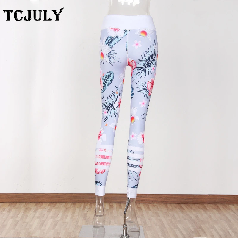 TCJULY Америка Горячая Распродажа цветы печати высокая талия Женщины Push Up обтягивающие леггинсы белые до щиколотки длина штаны леггинсы для фитнеса