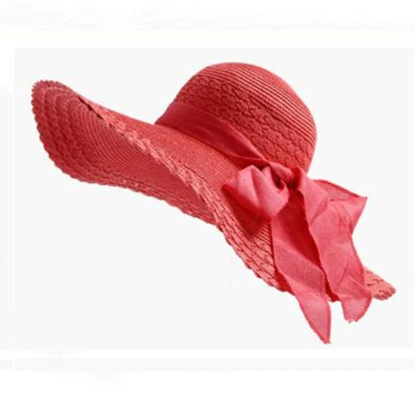Watermelon Pink HT1681, новинка, корейский стиль, женские летние шляпы, с большим бантом, однотонные, с большими широкими полями, складные, флоппи, пляжная шляпа от солнца, женские соломенные шляпы - Цвет: Watermelon Pink