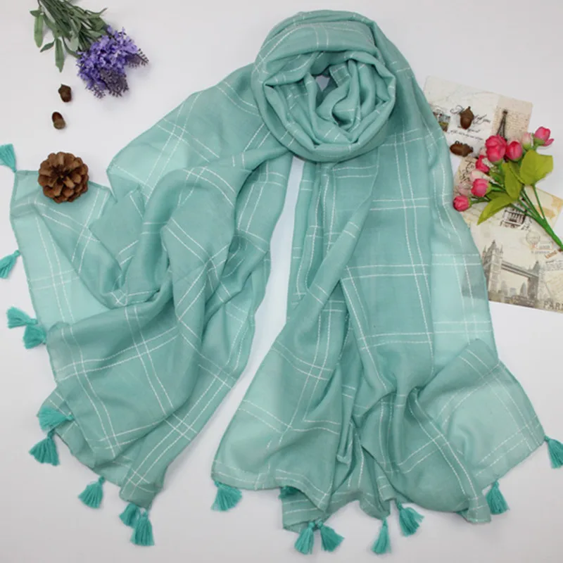 Новый принт чистый цвет двусторонняя сетка кисточки мусульманский хиджаб шарф