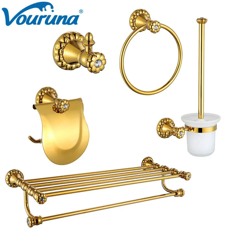 

VOURUNA Luxurious Golden Bath Hardware Set Robe Hook Paper Holder Toilet Brusher Holder Towel Rings Towel Rails