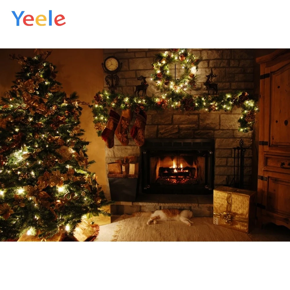 

Yeele Merry Christmas Photography Backgrounds Tree Cat Gift Fire Fireplace Custom Vinyl Photographic Backdrop For Photo Studio