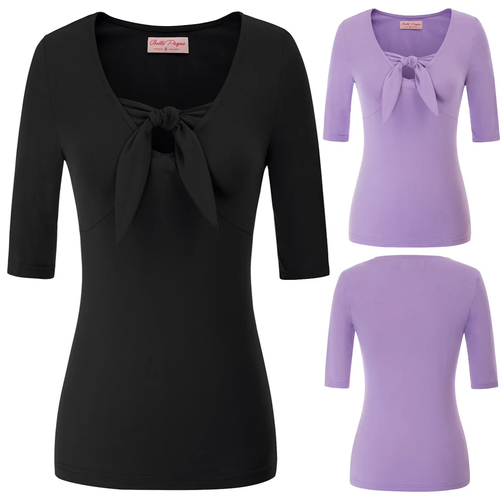 Женская футболка с V образным вырезом рукавом 1/2 и галстуком|Футболки| |