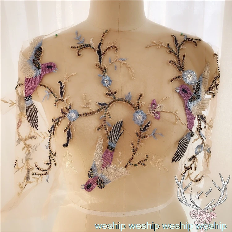 Цветные 3D кружевные вышивки цветочные патчи с птицами блестки переводки