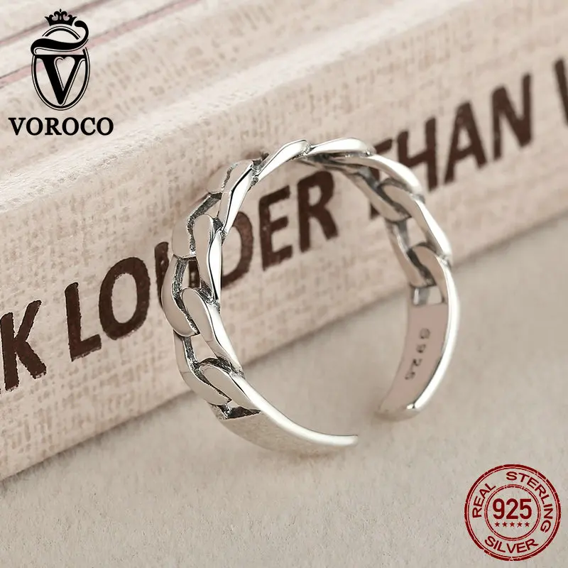 VOROCO 925 Sterling Silver Simple Strackable Twine Chain Pattern Rings Cuff Open Adjustable Ring for Woman Fine Jewelry VSR036 | Украшения