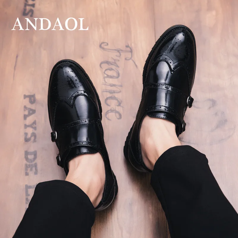 ANDAOL Men's Leather Casual Shoes New Double Belt Buckle Bright Breathable Oxfords Luxury Business Office Slip-On | Обувь