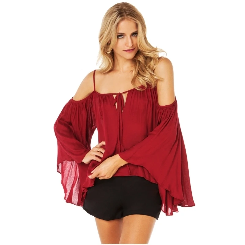 Для женщин летние блузки с открытыми плечами расклешенными рукавами Топы