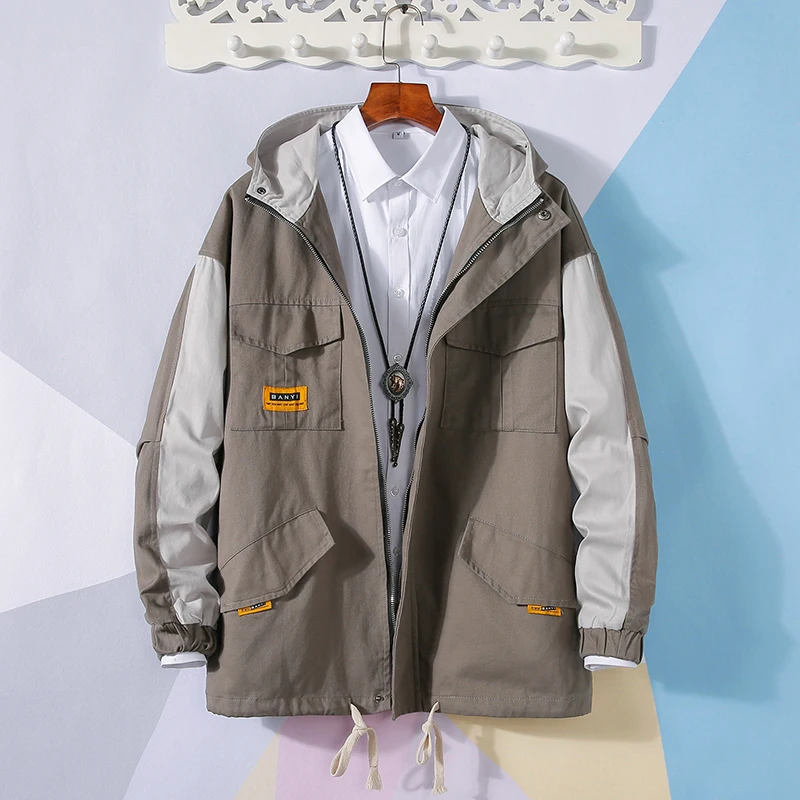 

ePacket shipping Men Korean Style Jacket Spring Hooded Coats Black Khaki Size M-3XL