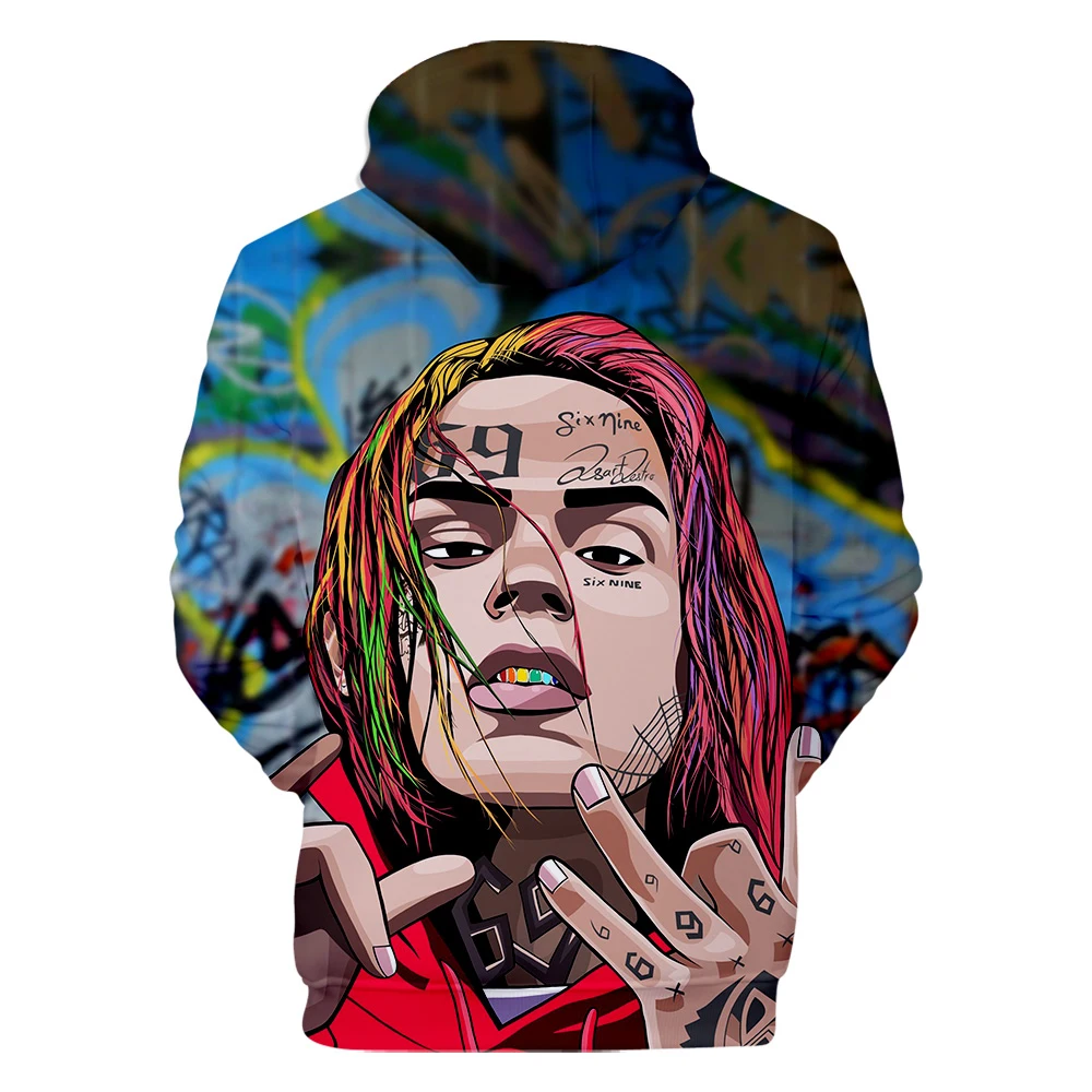 Новинка,, мужские толстовки с 3D принтом Rapper 6IX9INE, осенняя мода Harajuku, популярная худи с 3D принтом 6IX9INE, мужские толстовки