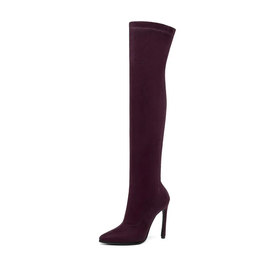 Бордовый ESVEVA/ г. Сапоги выше колена, очень тонкий высокий каблук, зимние теплые женские сапоги с острым носком обувь из флока и эластичной ткани размер 34-43 - Цвет: Бордовый