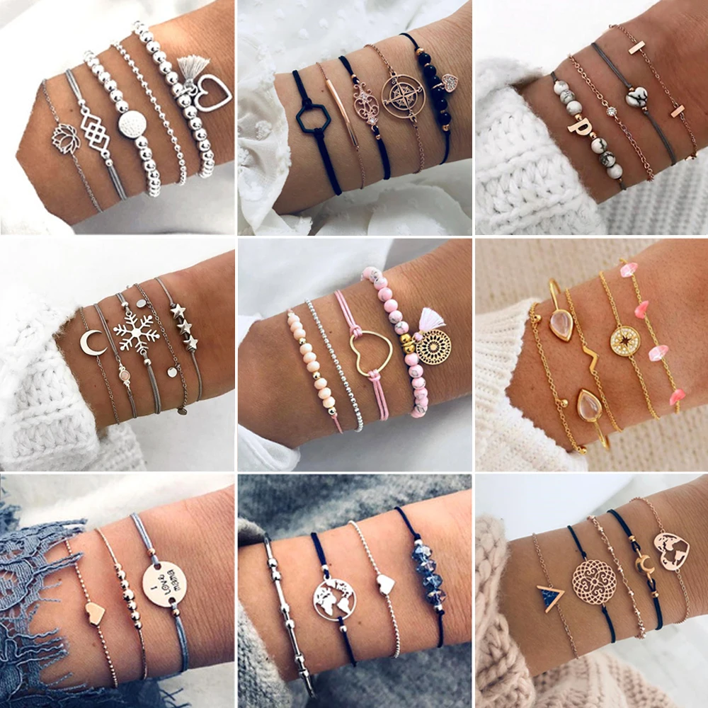 30 стилей сердце ракушка Звезда Луна лук Кристалл бусы браслет наборы Бохо модный