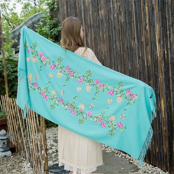 lake blue Шарф с вышитыми цветами, женский кашемировый хлопковый шали из вискозы, однотонные шарфы с вышивкой, мусульманские хиджабы с кисточками GP02 - Цвет: lake blue