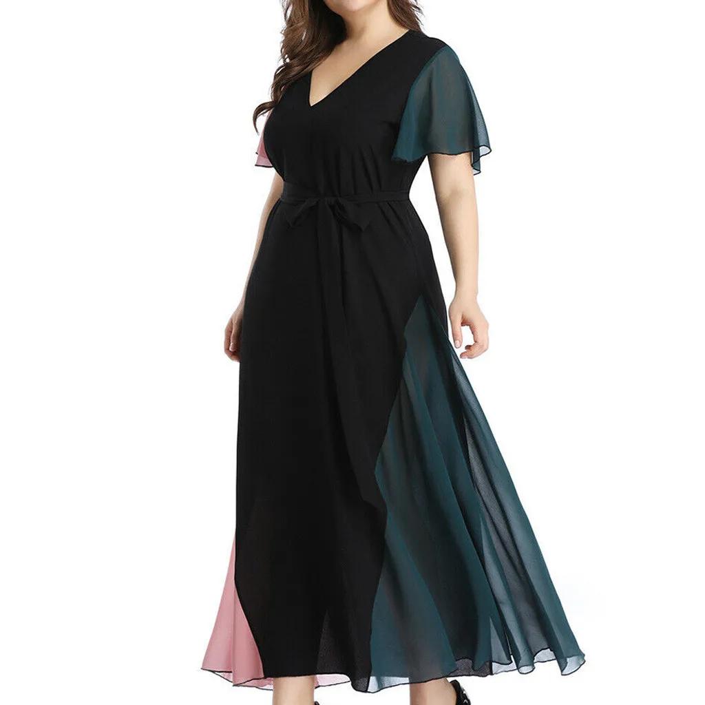 Женское шифоновое платье с коротким рукавом V образным вырезом и принтом|Женские