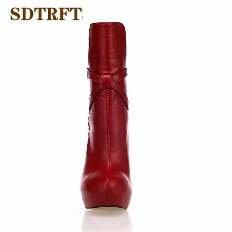 SDTRFT Spring Autumn platforms Stilettos 14cm thin heels Ankle martin boots Red Buckle wedding shoes Woman Botas Round Toe pumps | Обувь