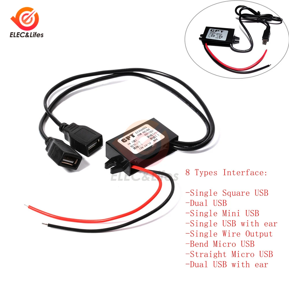 DC 12V to 5V 3A 15W Автомобильный понижающий преобразователь питания мужской женский Micro