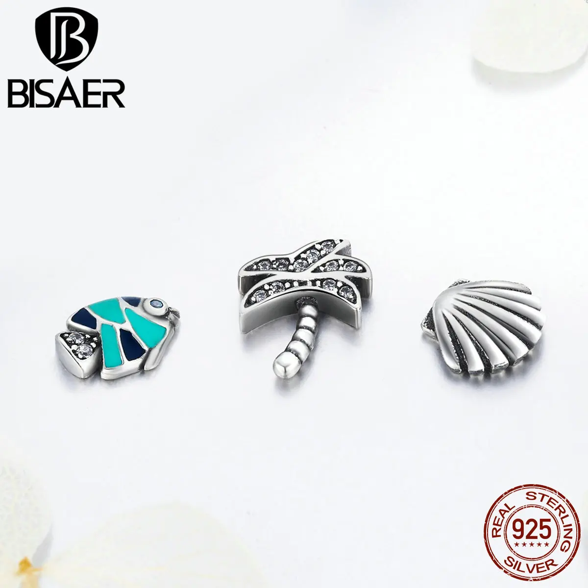 BISAER 925 пробы Серебряная Пальма Морская раковина красочные рыбы тропический рай Petites, смешанные эмалированные Подвески подходят ПАН браслет
