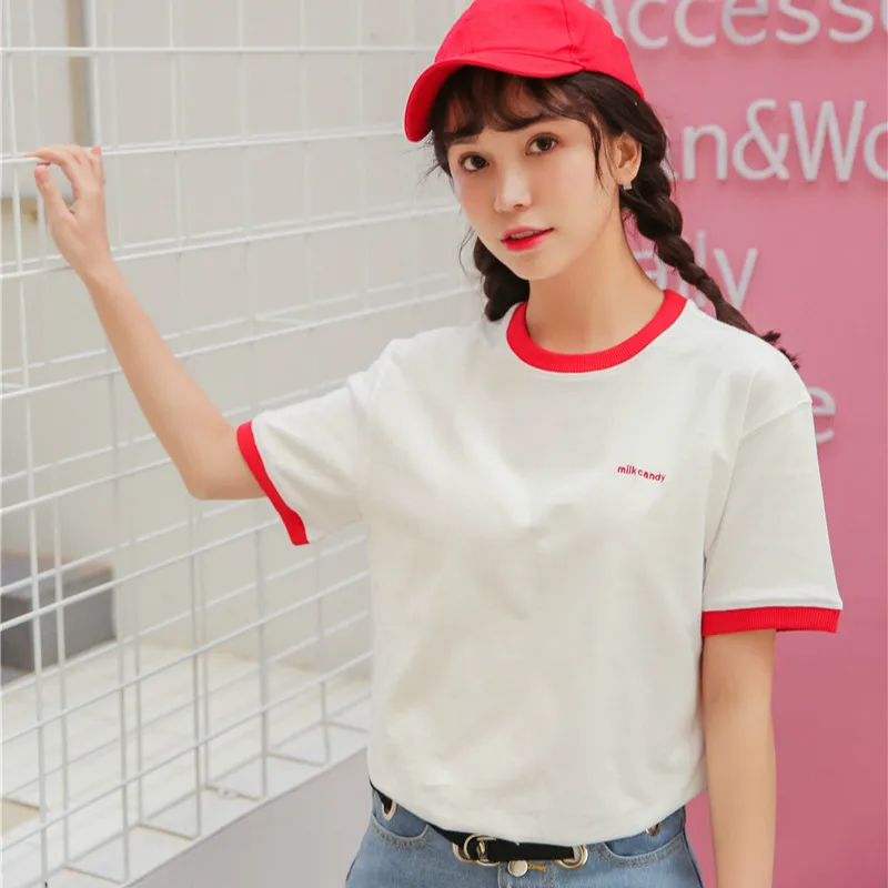 Harajuku Kawaii футболка с коротким рукавом летняя женская вышивкой Kpop Ulzzang топы для