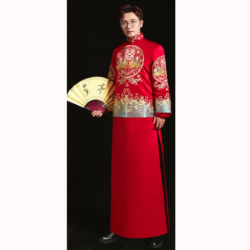 Жених Винтаж Свободные Cheongsam Традиционный китайский свадебное платье красный сатиновое платье-Ципао Вышивка Дракон костюм Vestido Oriental мужские