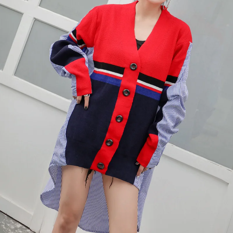 [EWQ] 2019 Fall Winter New Cardigan Sweater Knitted Long Sleeve Women'Point Open loose Fake two-piece stitching Sweters QK026 |
