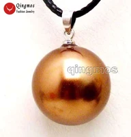 qingmos brown round pendant necklace for women jewelry with 18mm luster sea shell chokers pearl necklace 18 leather cord 5932