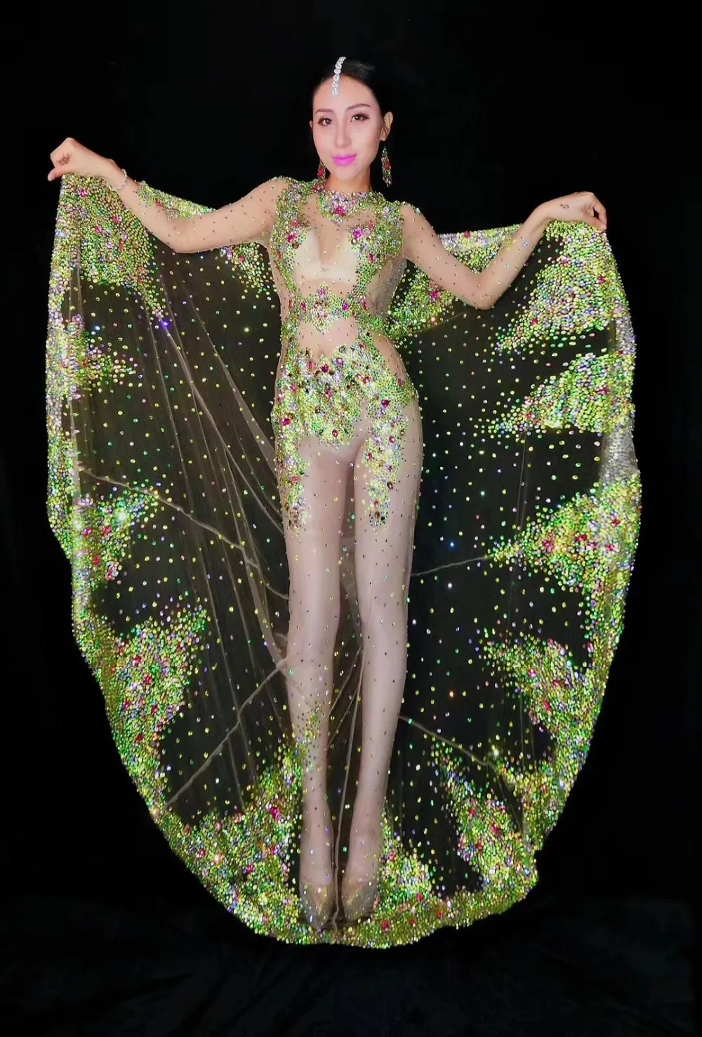 2021 для женщин Новинка Зеленый цвет Блестящие разноцветные стразы прозрачной