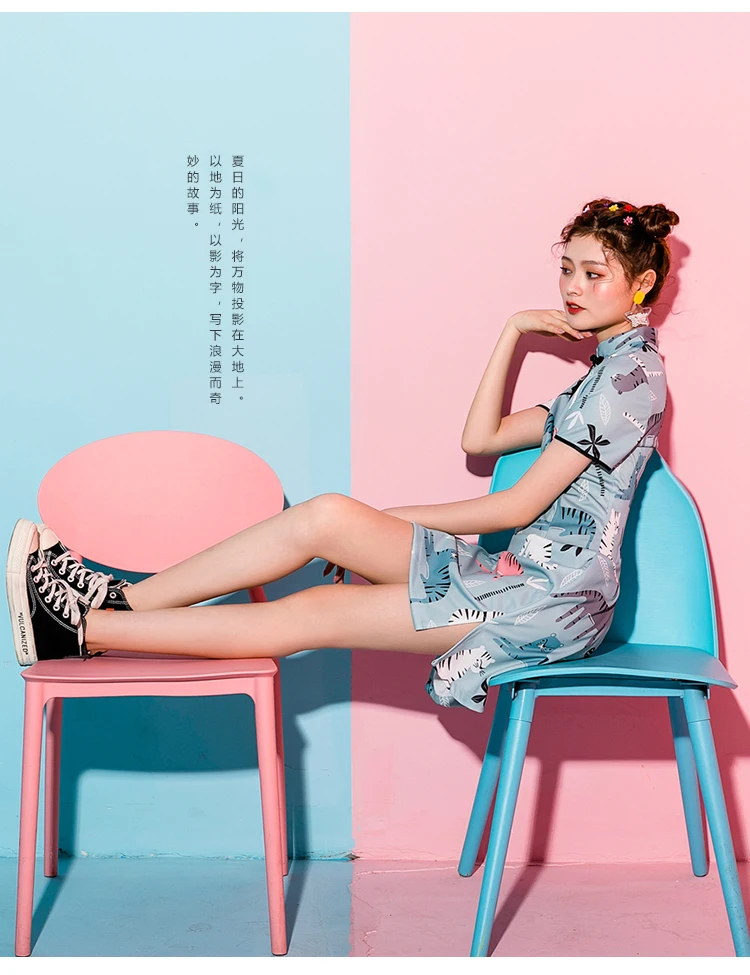 SWEETXUE Cat Leaf Print Cheongsam простое платье модное винтажное Сплит Мини Вечерние платья летние женские ретро платья в китайском стиле