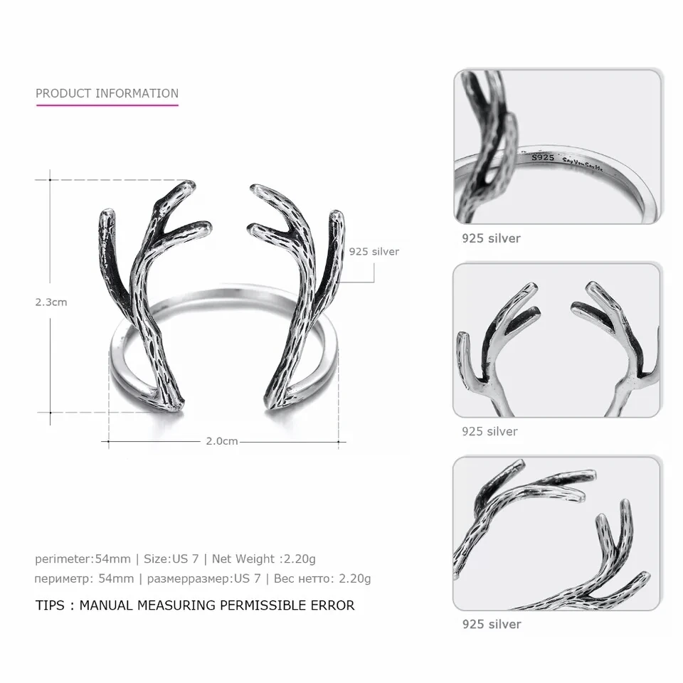 925 Sterling Silver Deer Antler Rings Authentic 100% Unisex Open 2018 Fine Jewelry Best Gift Wholesale | Украшения и аксессуары