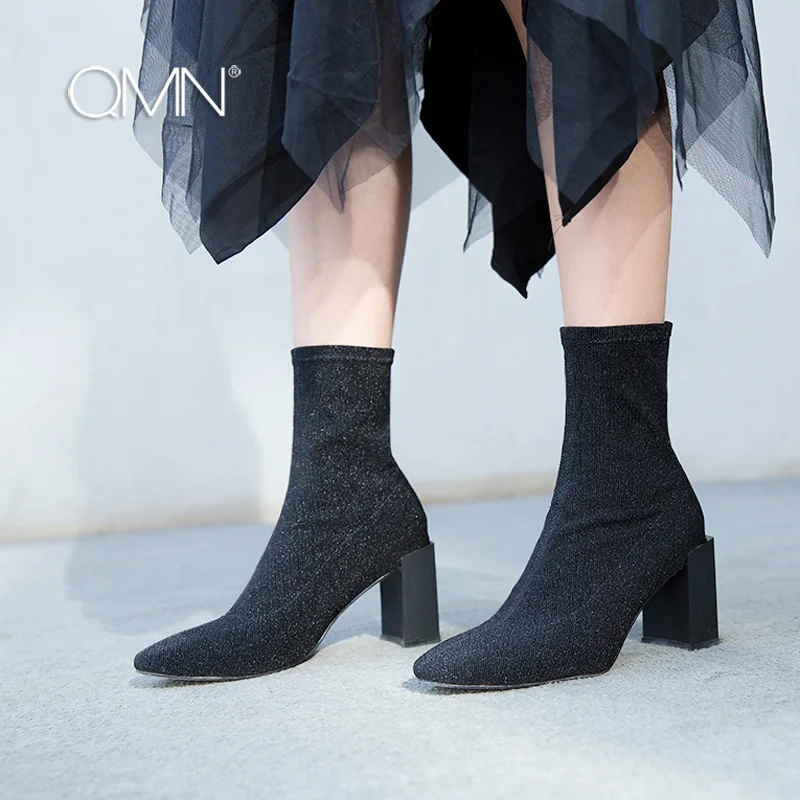 Qmn/женские стрейч fabic ботильоны Для женщин на высоком блочном каблуке квадратный