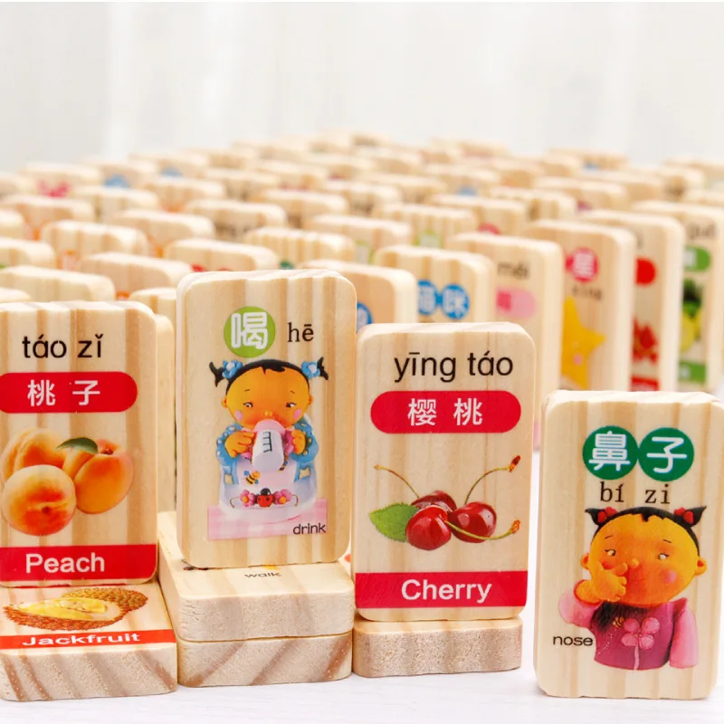 

MWZ 100pcs Fruit Animal Chinese Character cognition Pine wooden Dominoes Children wooden Domino blocks Toys