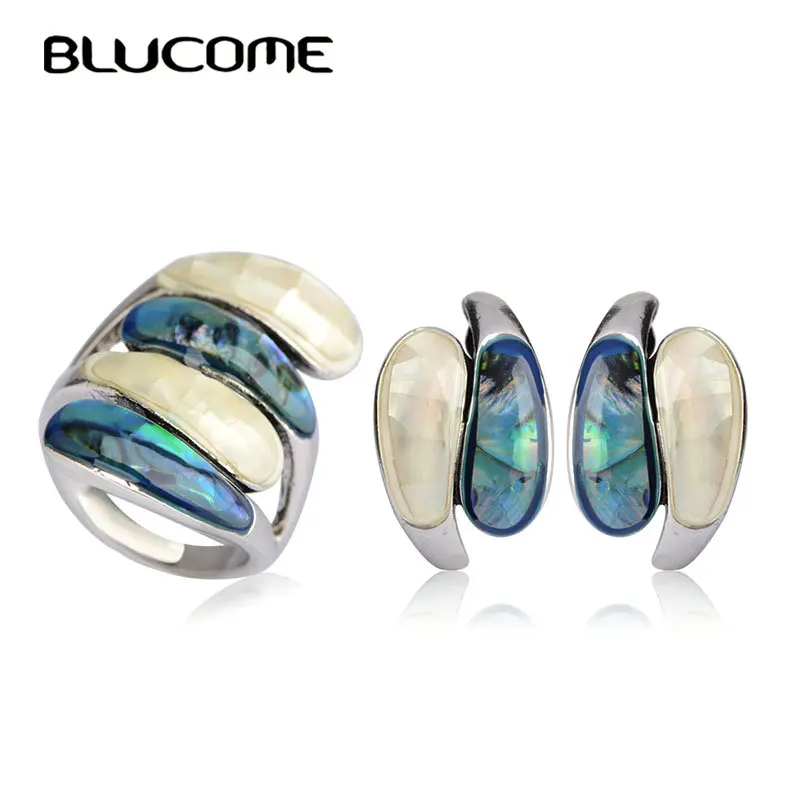 

Blucome Vintage Abalone Shell Stud Earrings Ring Sets Party Engagement Women Lady Jewelry Set Antique Silver Color Wide Rings