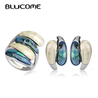 blucome vintage abalone shell stud earrings ring sets party engagement women lady jewelry set antique silver color wide rings