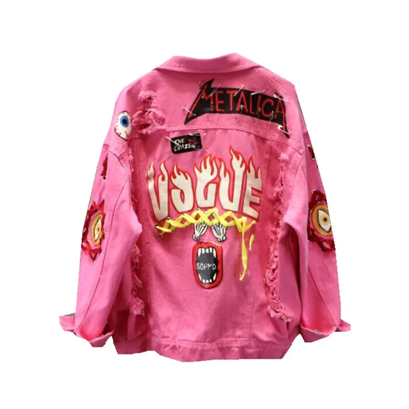 

Red / Yellow Jeans Jacket New Spring Autumn Women's Graffiti Alphabet Printing Lace Bow Pin Hole Denim Jacket Student Basic Coat