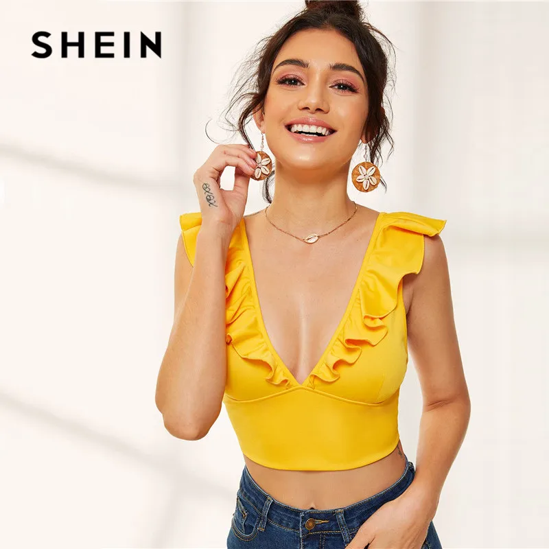 SHEIN желтый сексуальный топ с глубоким вырезом и оборкой, женская одежда, летний топ без рукавов для девушек, Приталенный жилет, майка