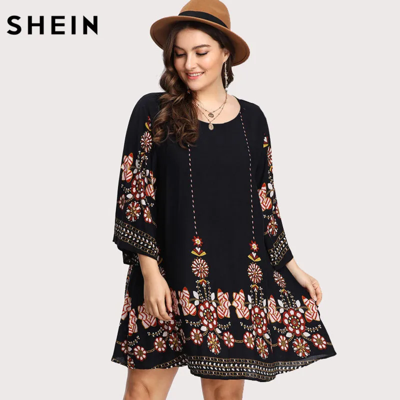 SHEIN Модное Платье С Цветочным Принтом Размера Плюс, Платье-Туника С Этническим Принтом И Длинным Рукавом