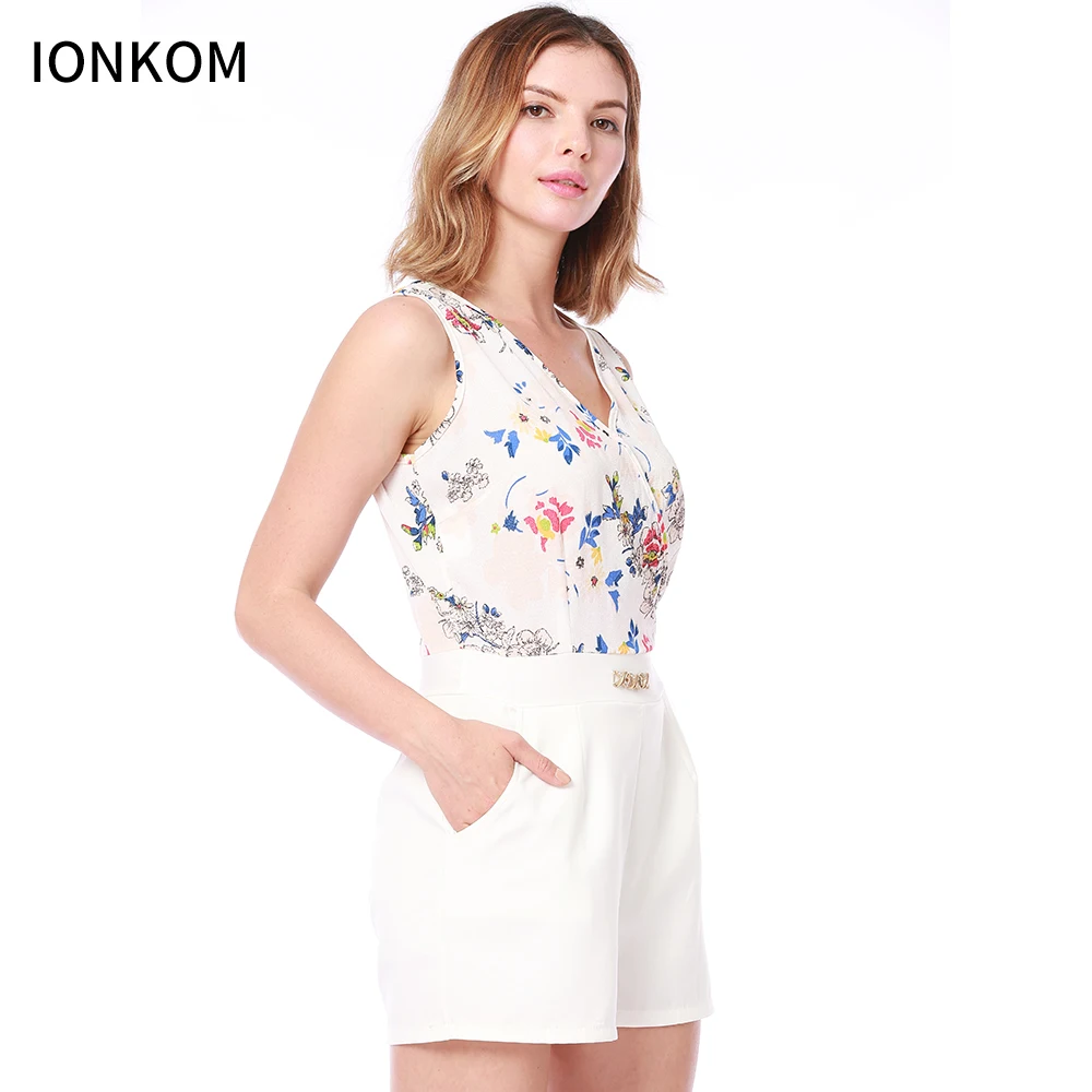 IONKOM Flower Print Keyhole Back Romper 2018 Summer V Neck Sleeveless High Waist Short Jumpsuits Women Bodycon Party | Женская одежда