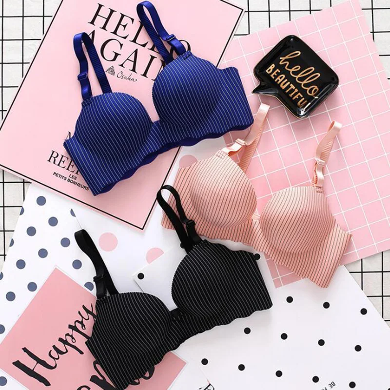 QUECOO 2017 new non-steel ring piece seamless deep V gather stripes girl bra sexy lingerie set underwear | Женская одежда