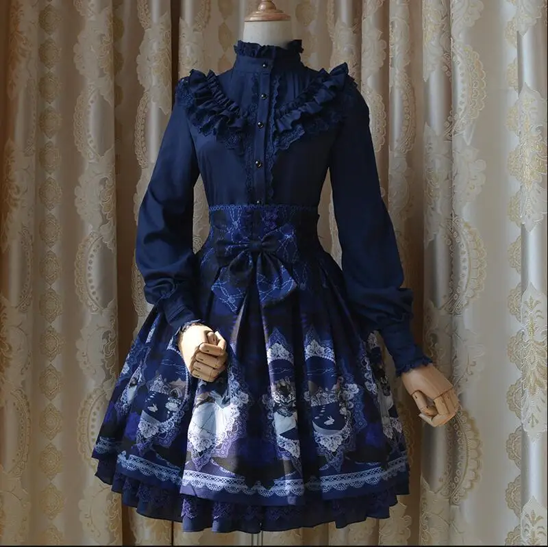 Лолита юбка в ретро-стиле с милым принтом узлом-бантиком кружевной викторианском