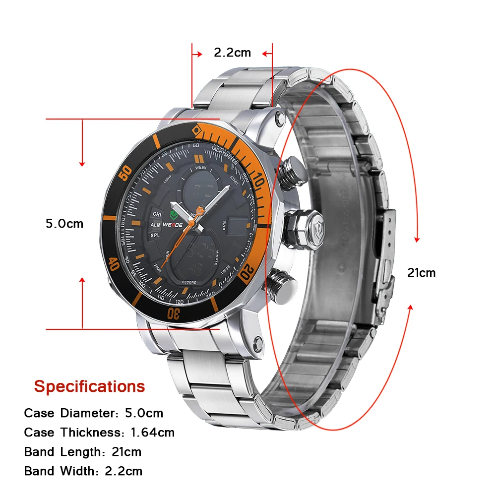 WEIDE Relojes HOMBRE мужские часы люксовый бренд Будильник нержавеющей стали Спорт Дата Цифровой светодиодный браслеты 21 мм водонепроницаемые часы